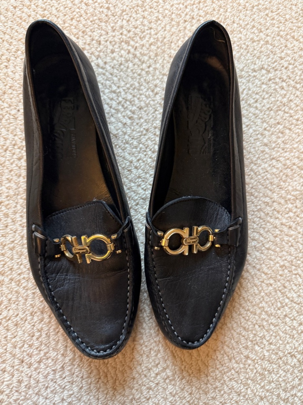 Salvatore Ferragamo Black Leather Loafers with Gold Gancini Hardware